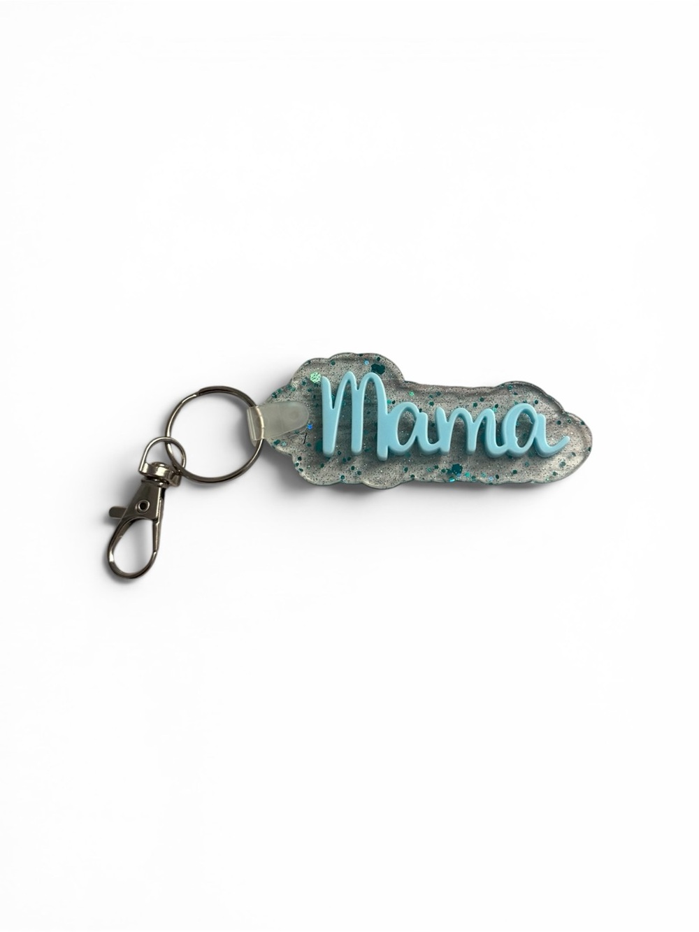 Mama Keychain - Glitter Resin Script in Light Blue